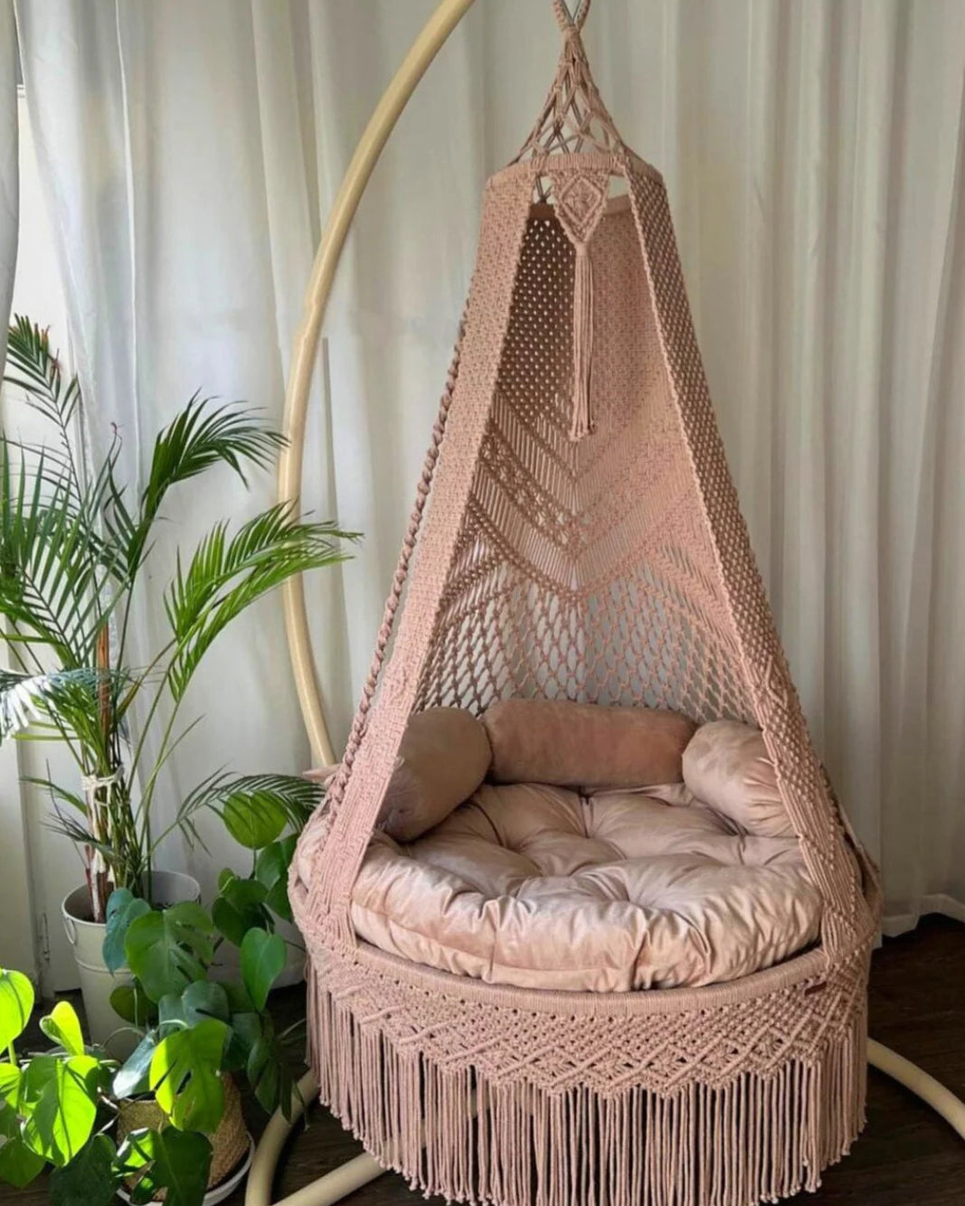 Baby Pink Macrame Swing with Mattress with Cushions