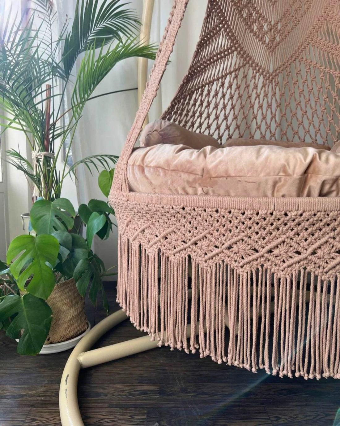 Baby Pink Macrame Swing with Mattress with Cushions