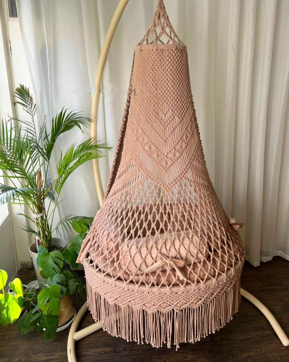 Baby Pink Macrame Swing with Mattress with Cushions
