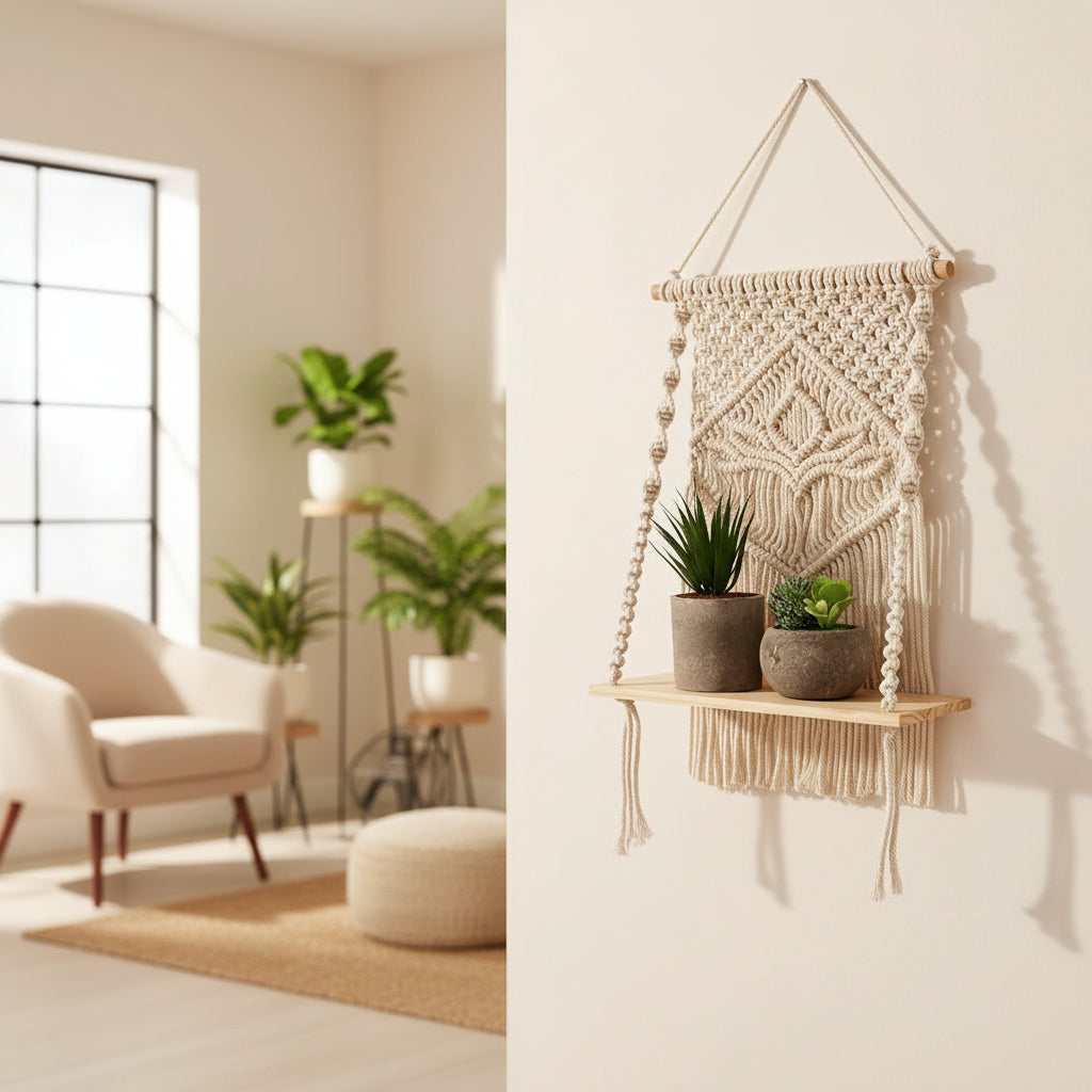 Mom's Rope Indoor Macrame Wooden Shelf Hanger