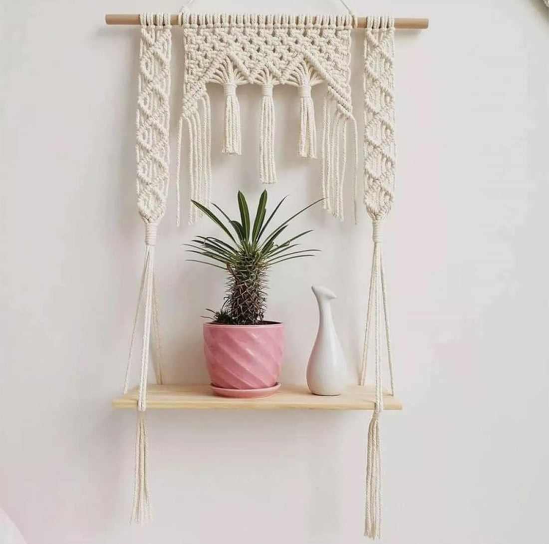 Mom's Rope Macrame Wood Floating Shelves | Macrame Wall Shelves