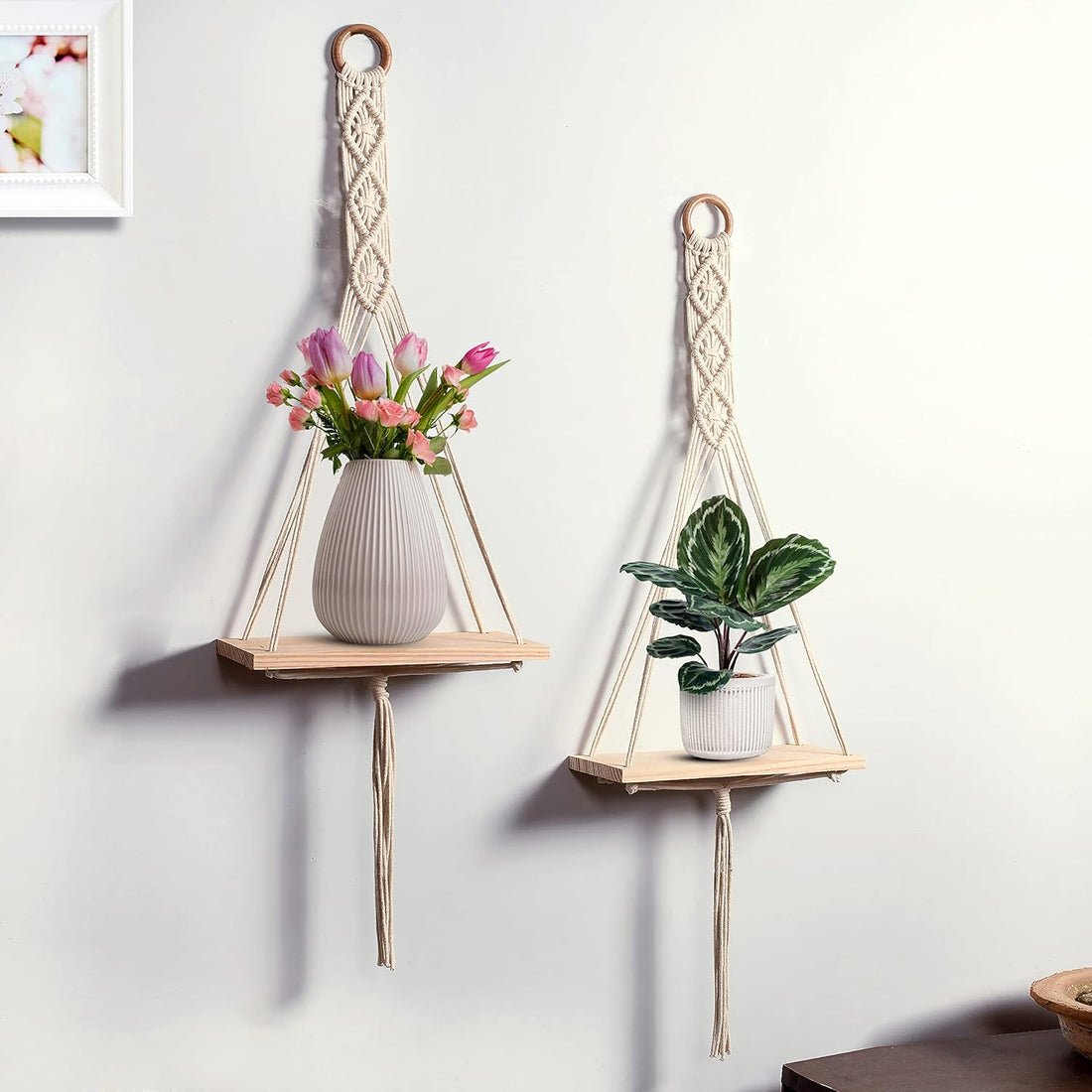 Mom's Rope Two Macrame Wall Shelf Hanger | Floating Storage Shelf
