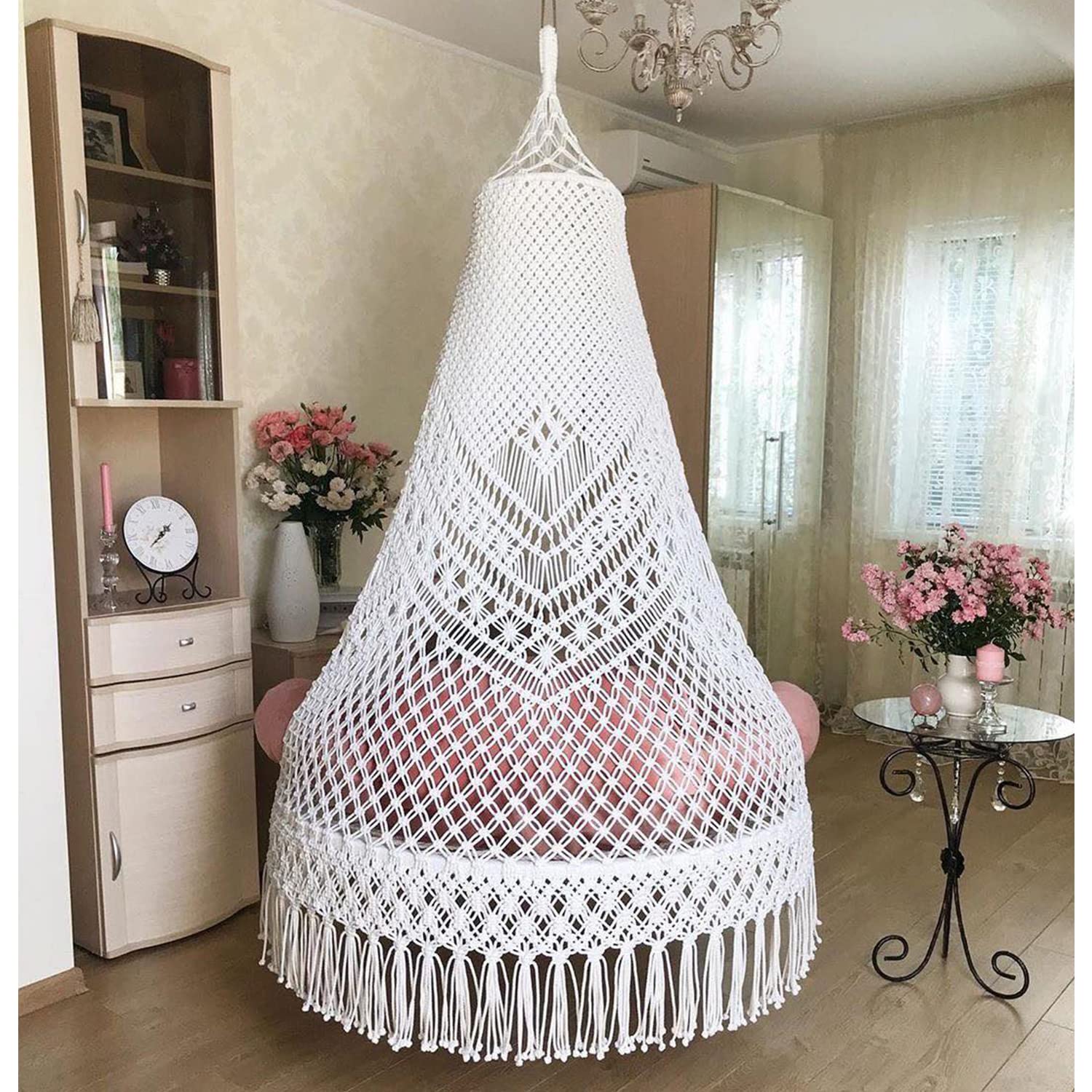 Blush Macrame Swing with Mattress and Cushion