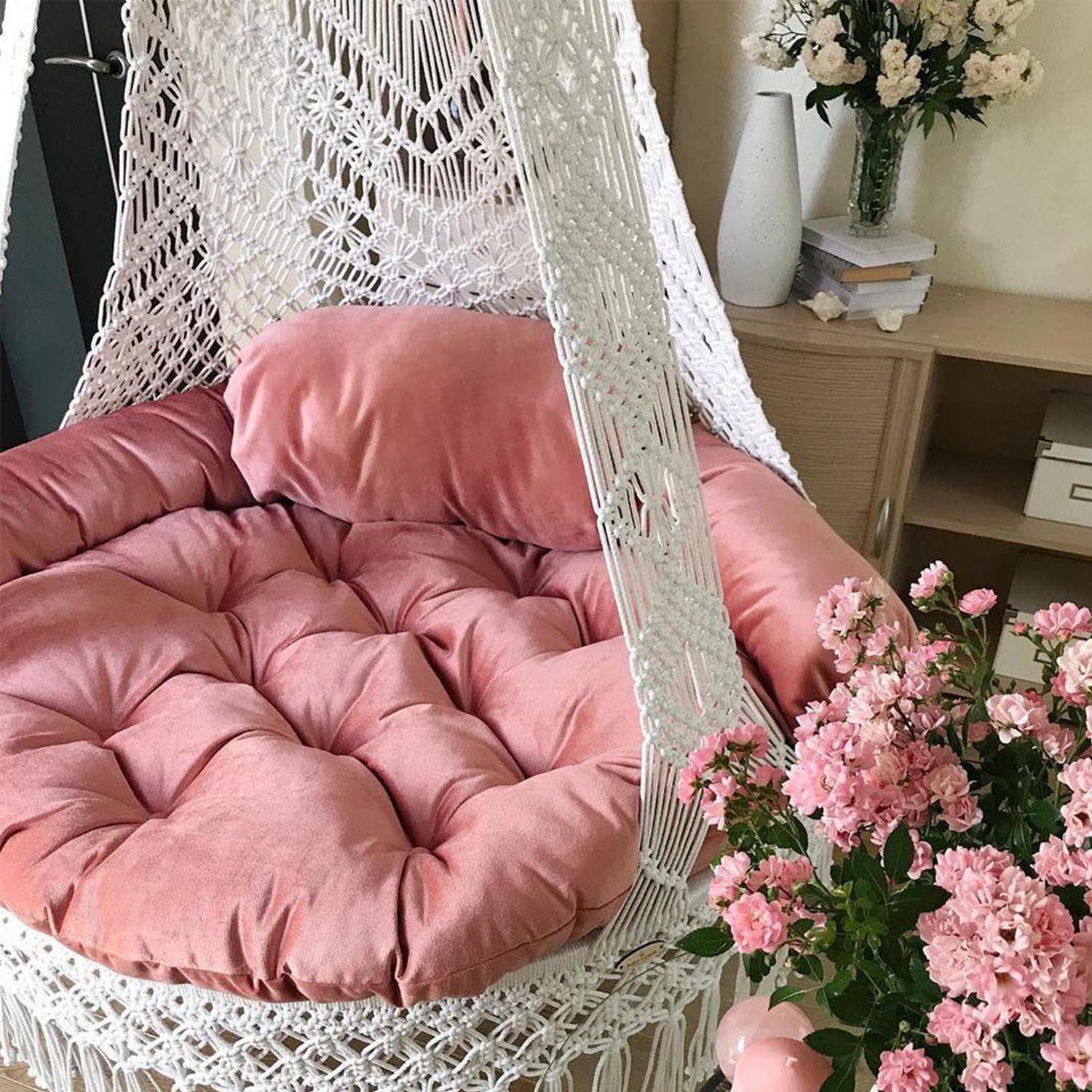 Blush Macrame Swing with Mattress and Cushion