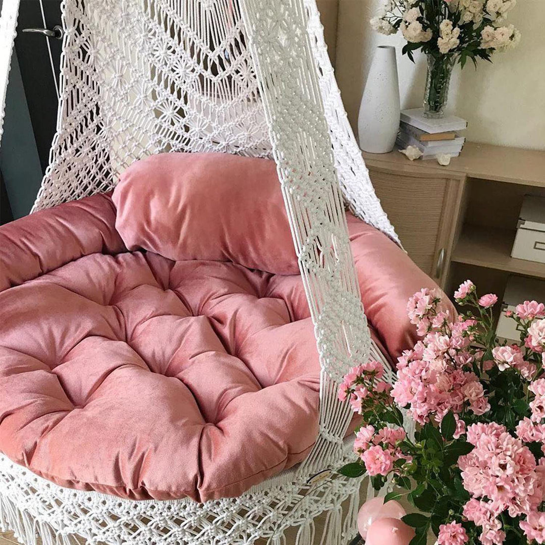 Blush Macrame Swing with Mattress and Cushion