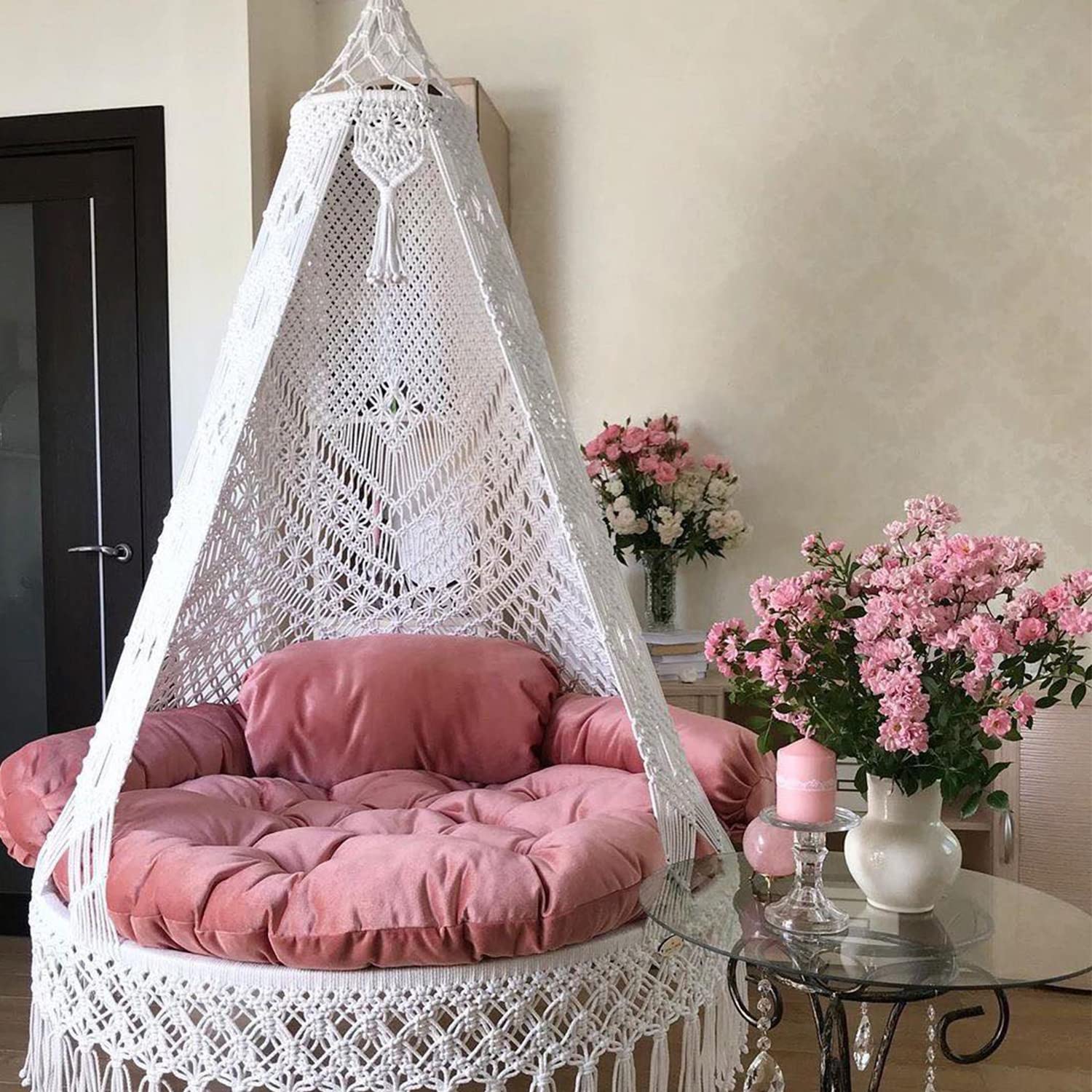 Blush Macrame Swing with Mattress and Cushion
