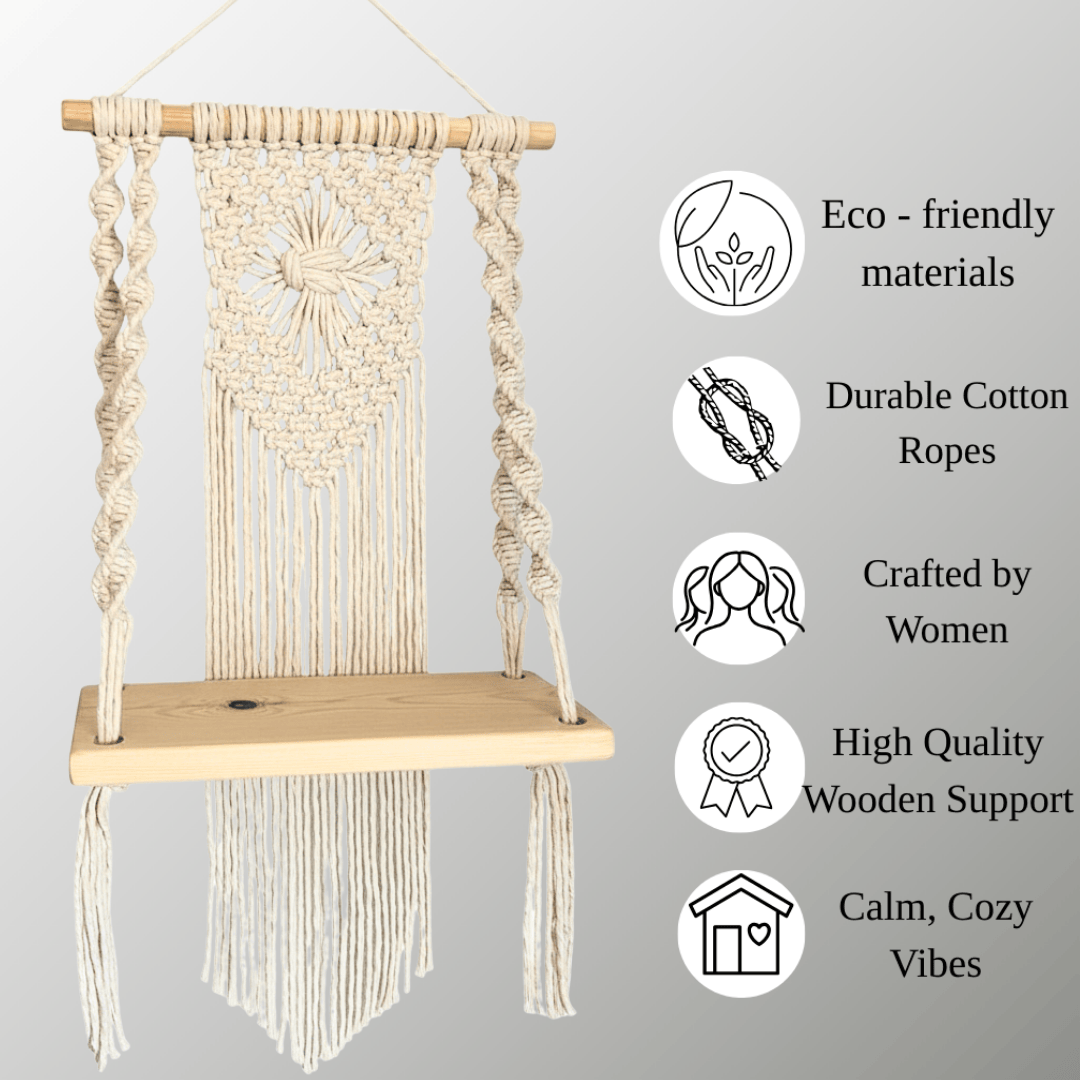 Boho Chic Macrame Wooden Shelf Hanger | Living Room, Bedroom Decor