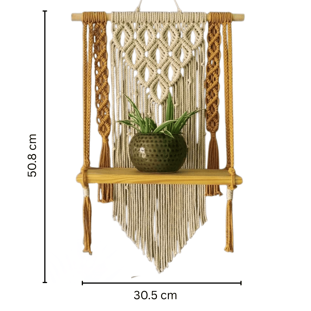 Yellow Macrame Shelf Hanger | Macrame Wooden Shelf Hanger