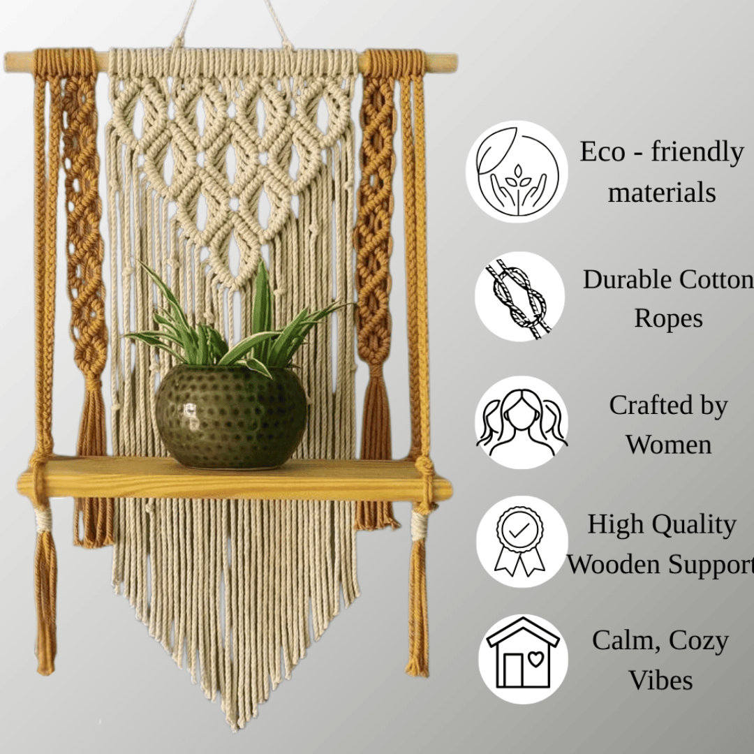 Yellow Macrame Shelf Hanger | Macrame Wooden Shelf Hanger