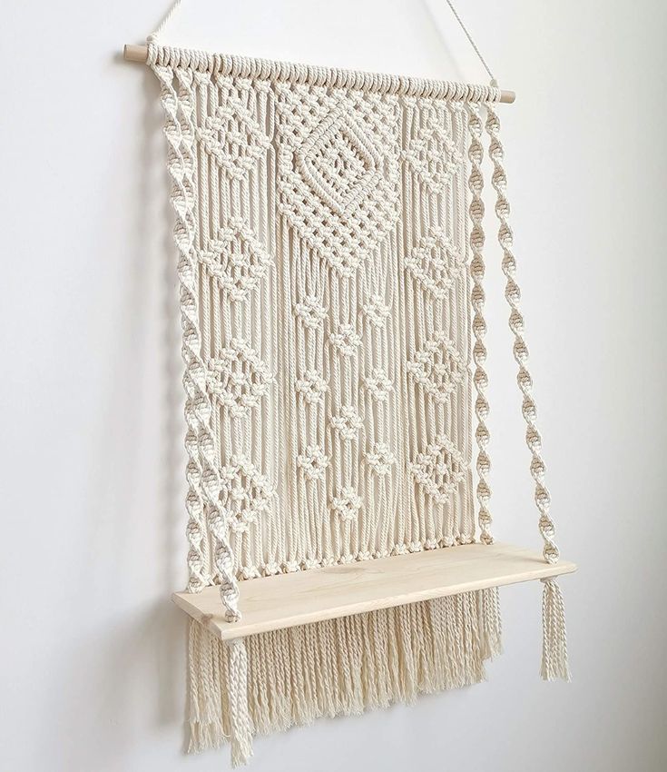 Macrame Wall Hanging Wooden Shelf Hanger | Boho Macrame Plants Hanger with Wooden Shelf | Aesthetic Home Decor | Macrame with Wooden Shelf