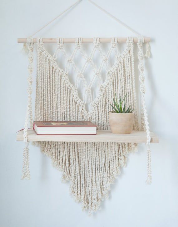 Rustic Chic Macrame Wooden Shelf Hanger | Handcrafted Wall Decor | Home Decor Aesthetics | Minimalist Wall Decor | Wall Storage Solution