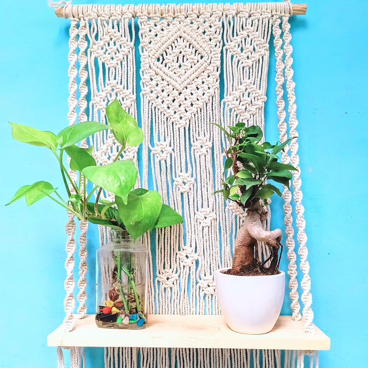 Macrame Wall Hanging Wooden Shelf Hanger | Boho Macrame Plants Hanger with Wooden Shelf | Aesthetic Home Decor | Macrame with Wooden Shelf