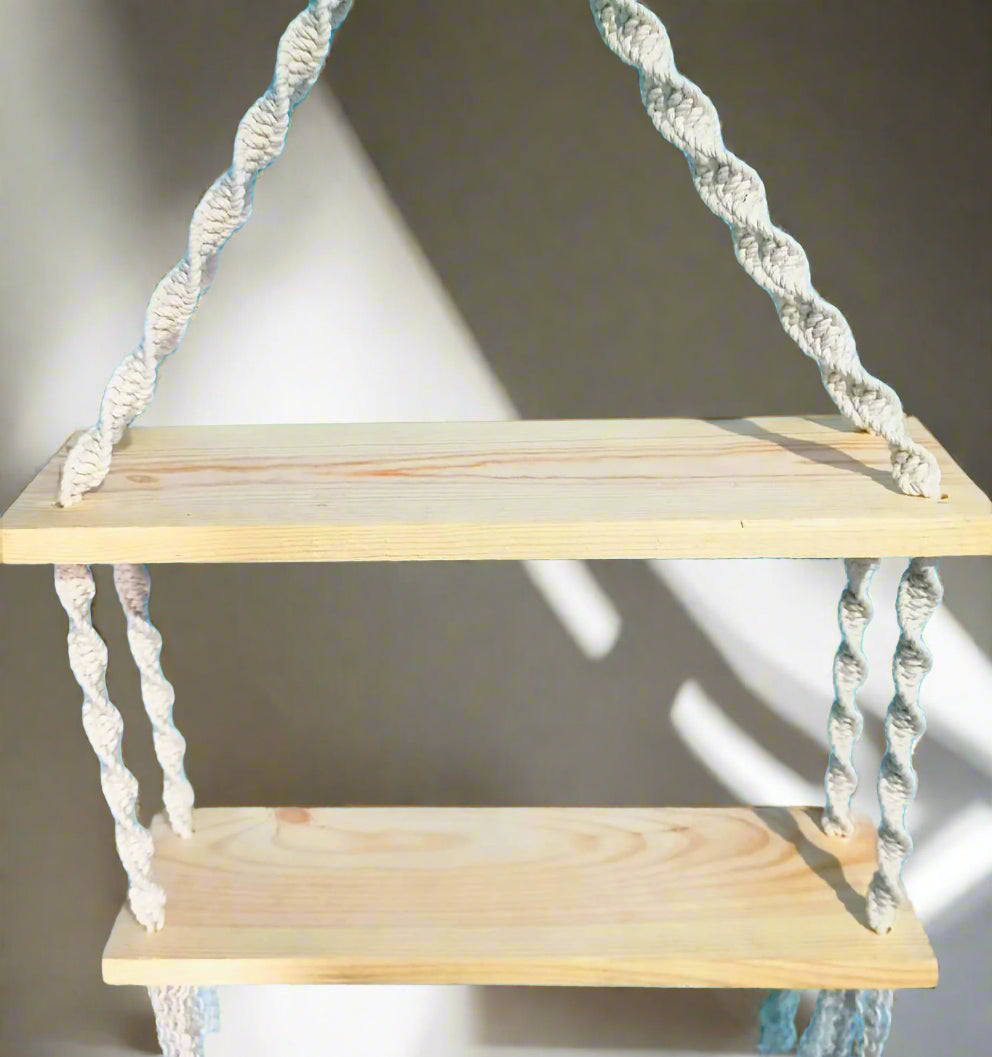 Bohemian Macrame Wall Shelf | Macrame Wall Hanging Plant Hanger with Double Shelf | Boho Macrame Plants Hanger with Wooden Shelf | Aesthetic Home Decor | Macrame with Double wooden Shelf | Living Room Decor