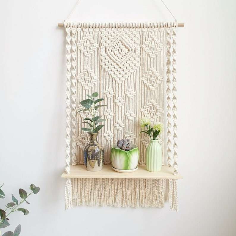 Macrame Wall Hanging Wooden Shelf Hanger | Macrame Wooden Shelf Hanger Online
