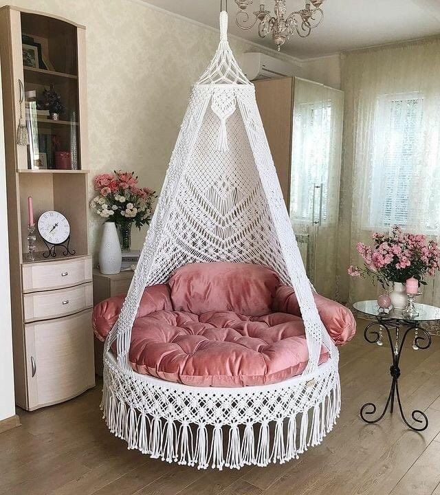 Blush Macrame Swing with Mattress and Cushion