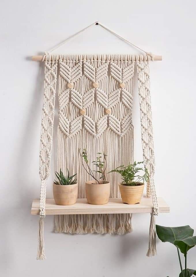 Boho Macrame Wooden Shelf Hanger | Macrame Rope Shelf with Wooden Board | Home Decor | Chic Home Organizer
