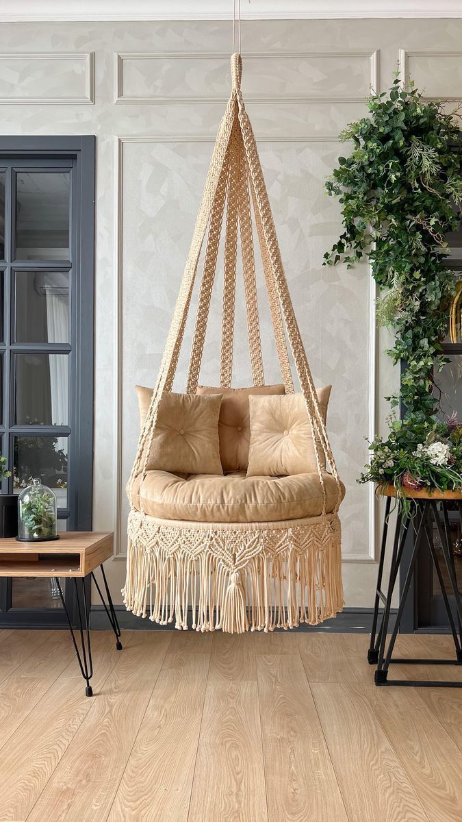 Sand Macrame Swing with Mattress and Cushion