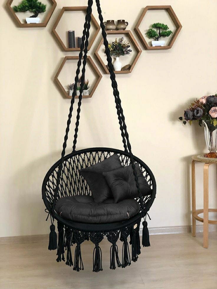 Charcoal Macrame Swing with Mattress and Cushion