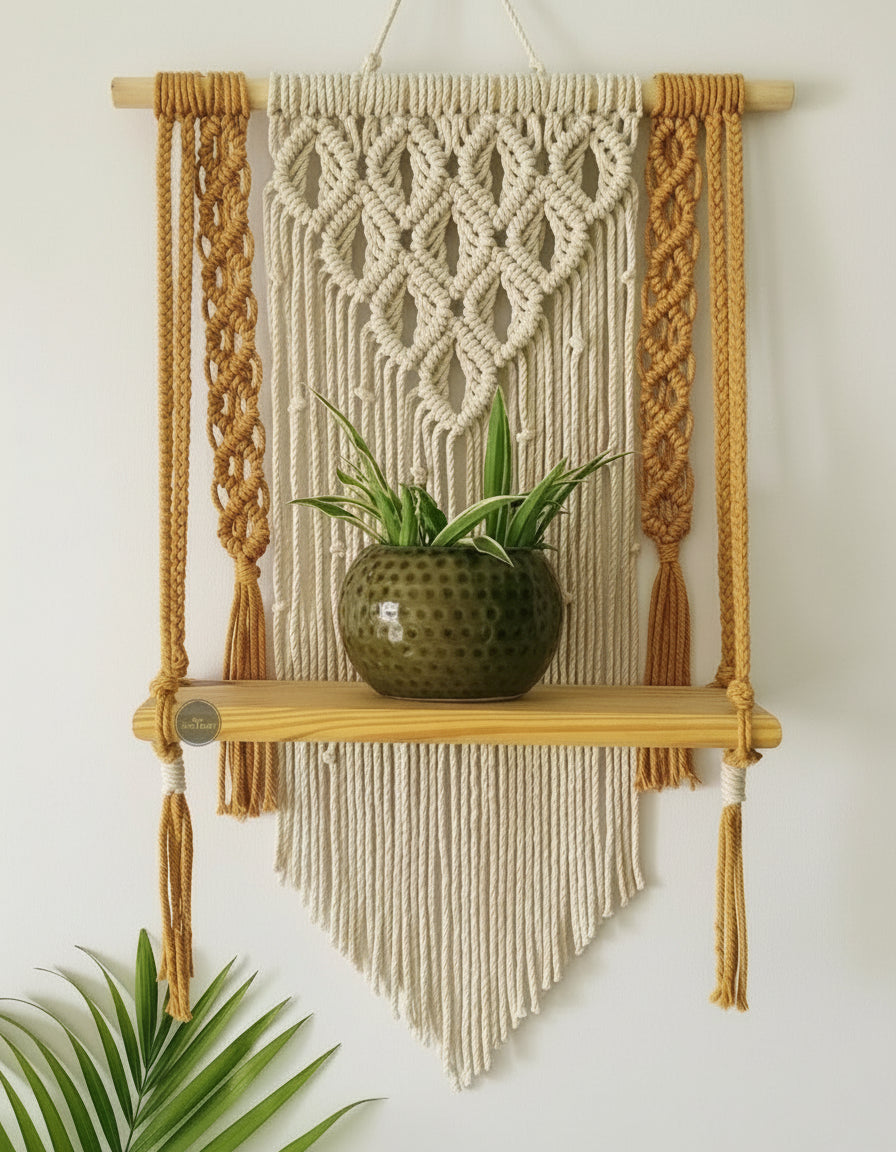 Yellow Macrame Shelf Hanger | Macrame Wooden Shelf Hanger