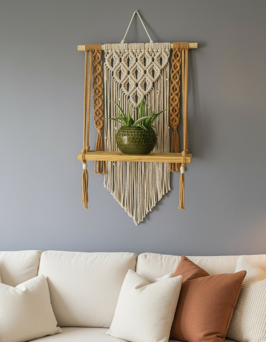 Yellow Macrame Shelf Hanger | Macrame Wooden Shelf Hanger