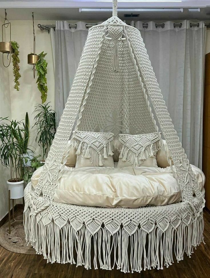 Cream Macrame Swing with Mattress and Cushions