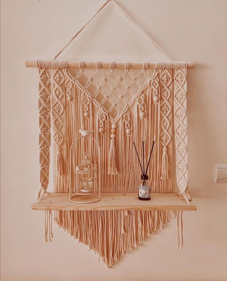 Cream Macrame Wooden Shelf Hanger | Handcrafted Macrame