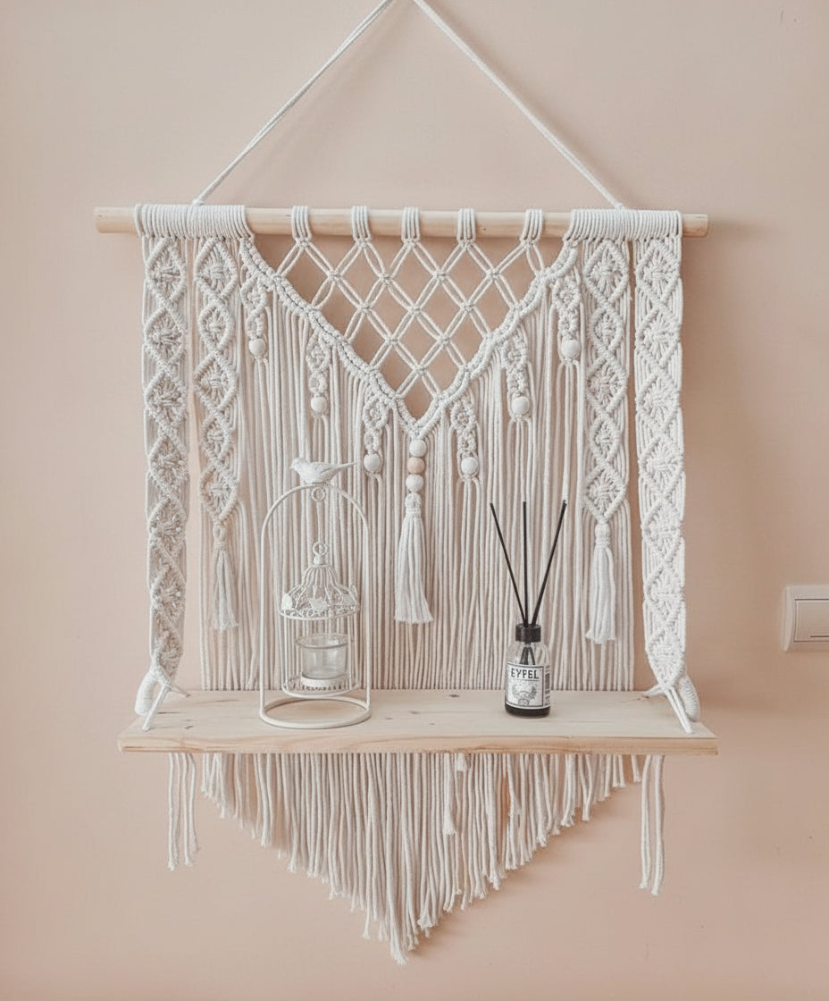Cream Macrame Wooden Shelf Hanger | Handcrafted Macrame