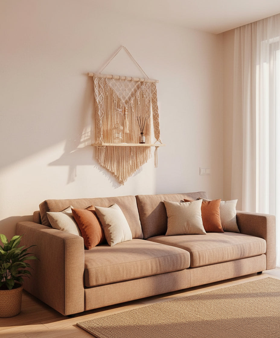 Cream Macrame Wooden Shelf Hanger | Handcrafted Macrame