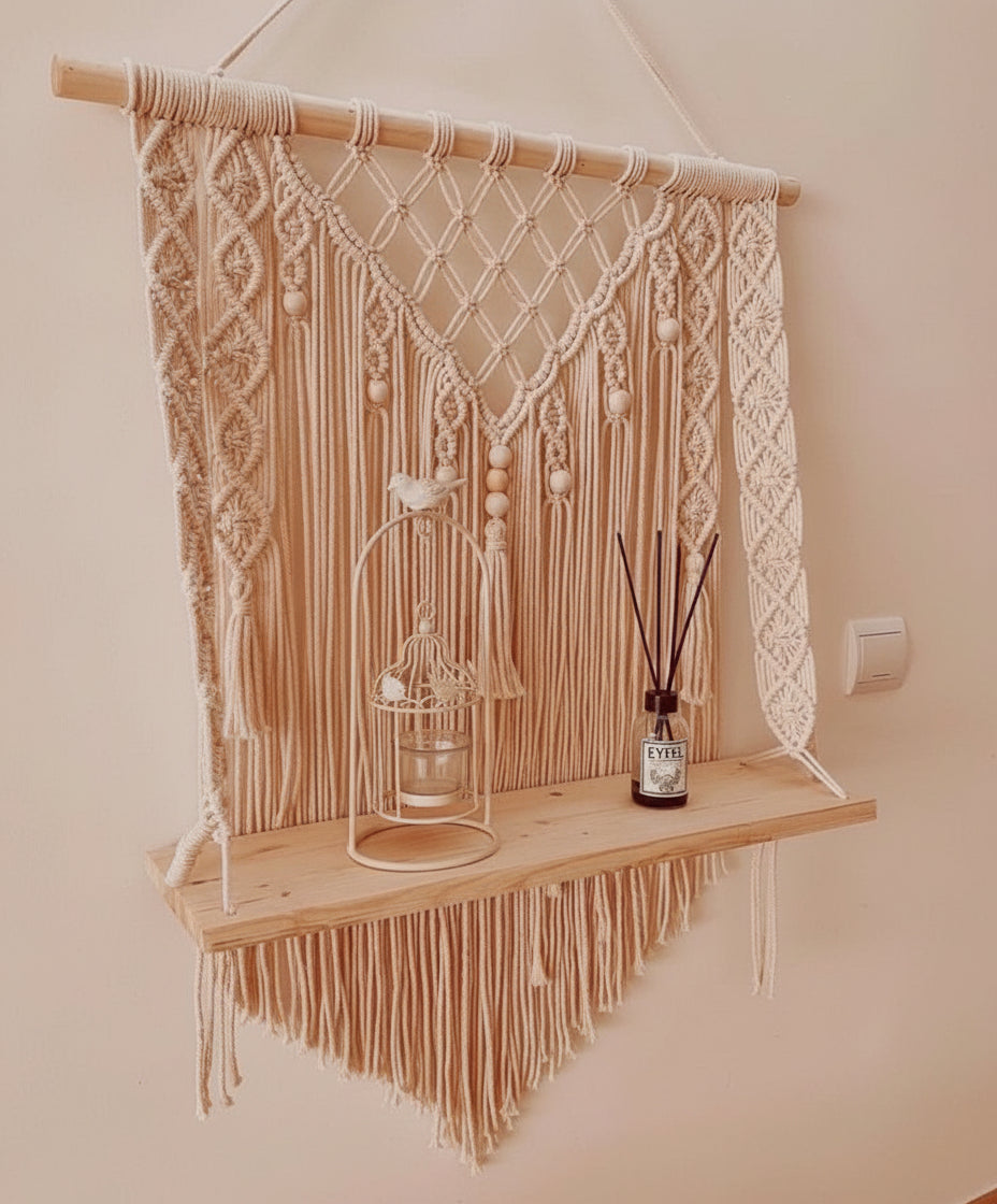 Cream Macrame Wooden Shelf Hanger | Handcrafted Macrame