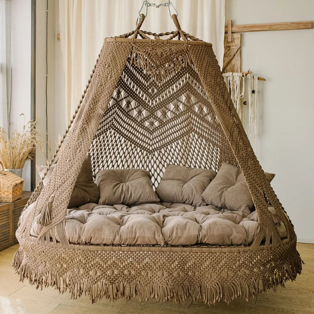 Sand Double Seater Macrame Swing with Mattress and Cushion