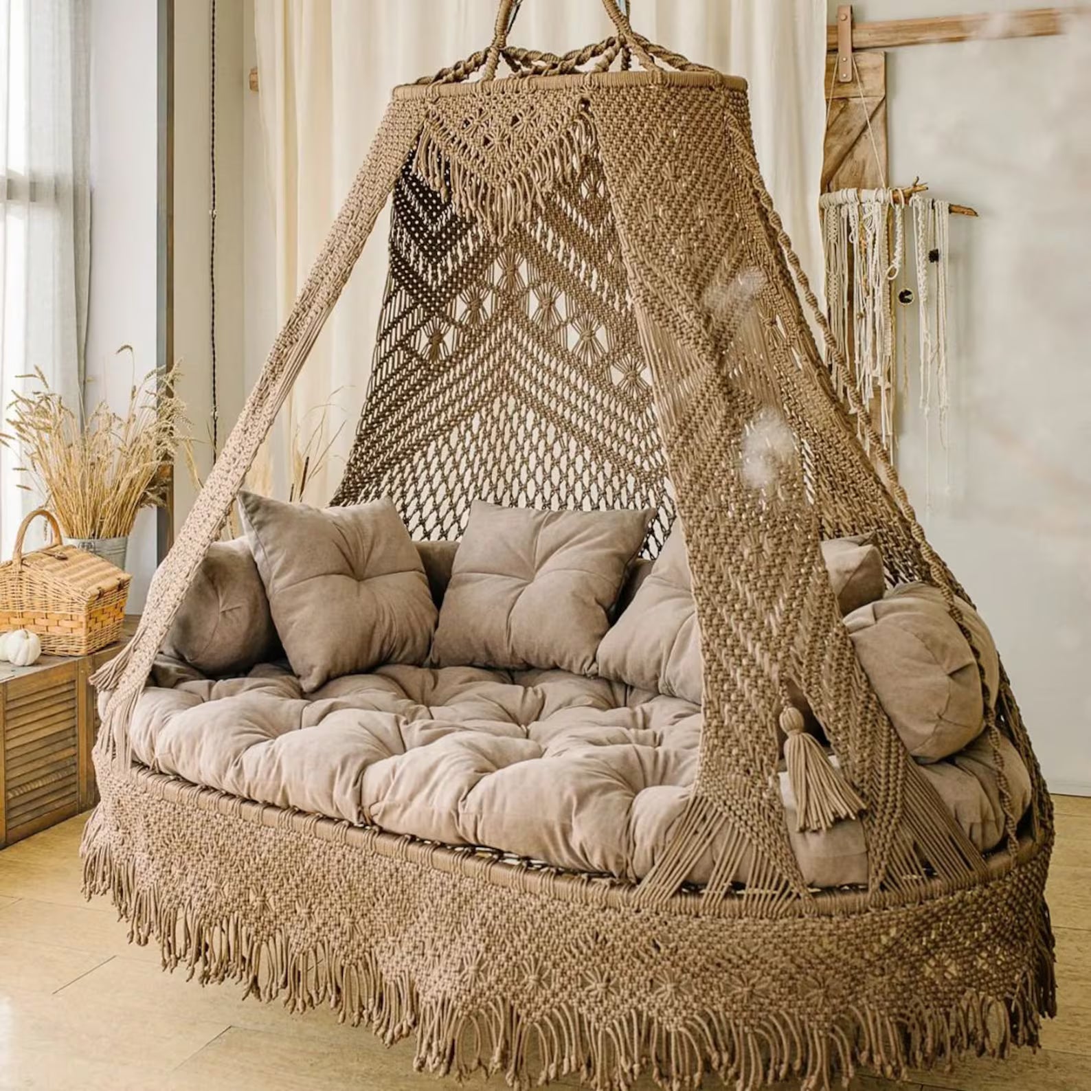 Sand Double Seater Macrame Swing with Mattress and Cushion