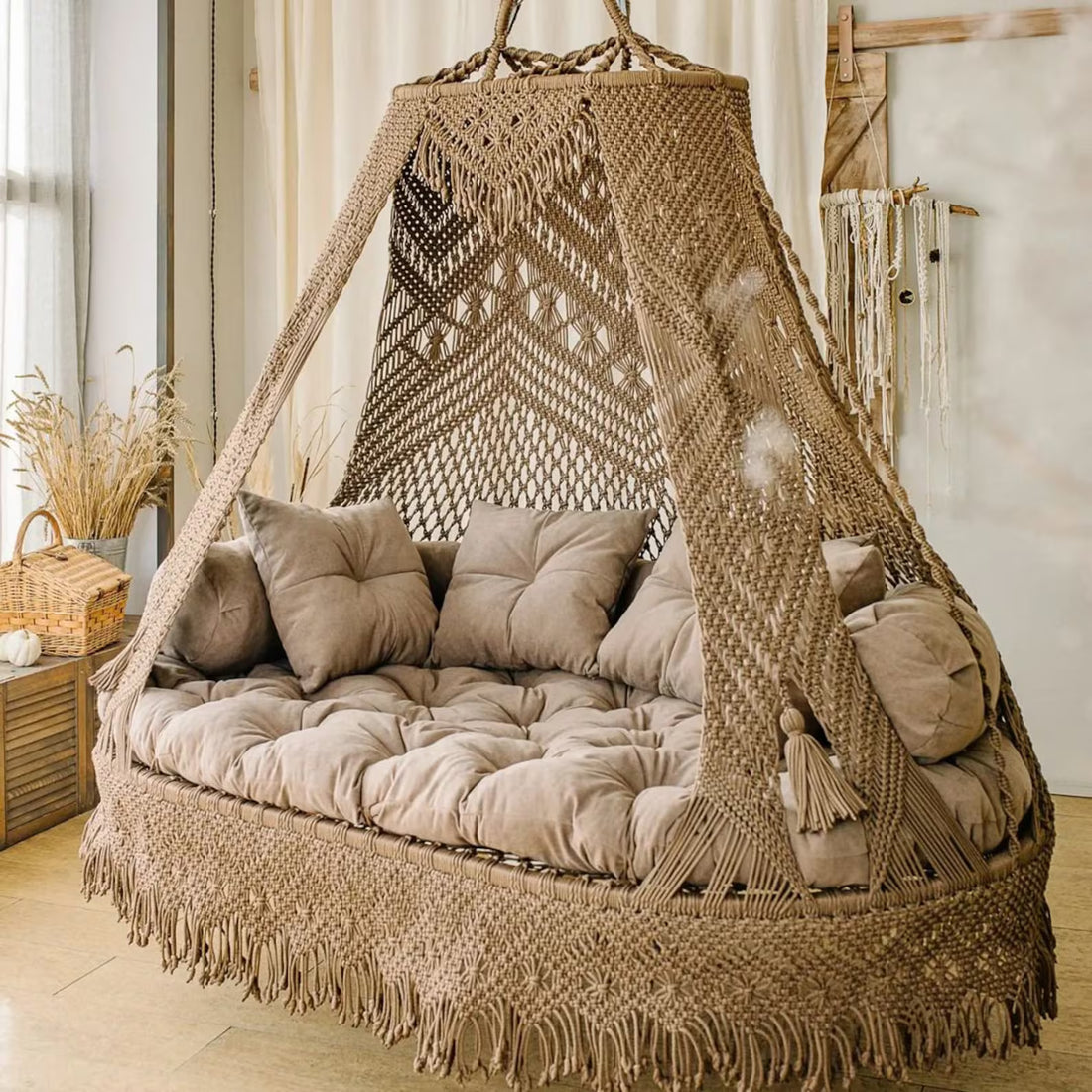 Sand Double Seater Macrame Swing with Mattress and Cushion