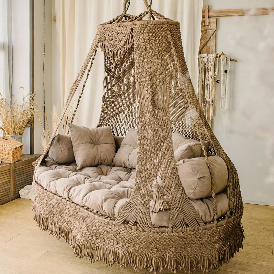 Sand Double Seater Macrame Swing with Mattress and Cushion