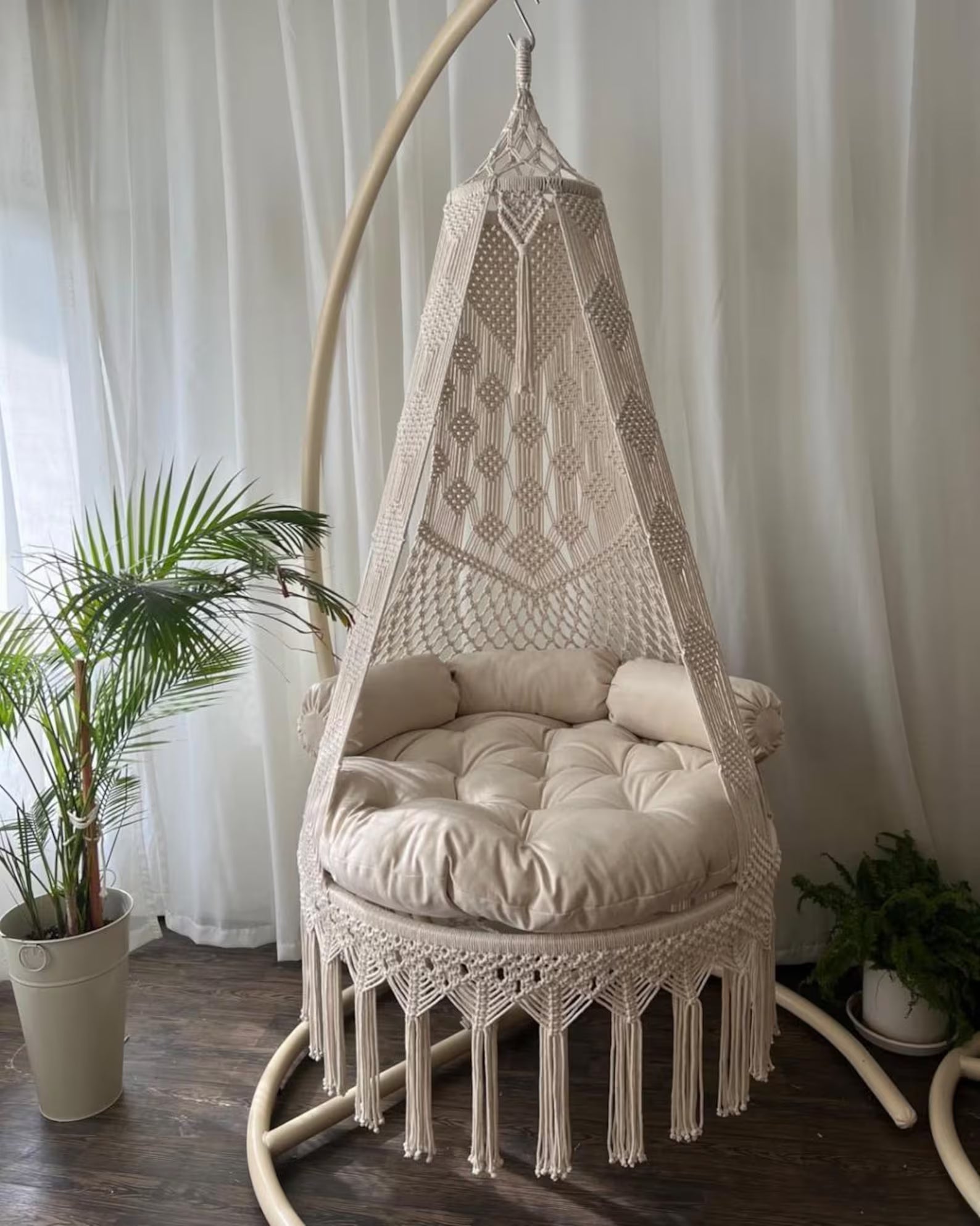 White Macrame Swing with Mattress with Cushions