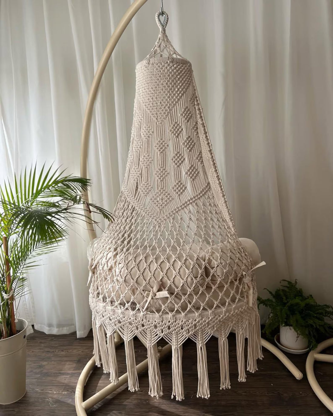 White Macrame Swing with Mattress with Cushions