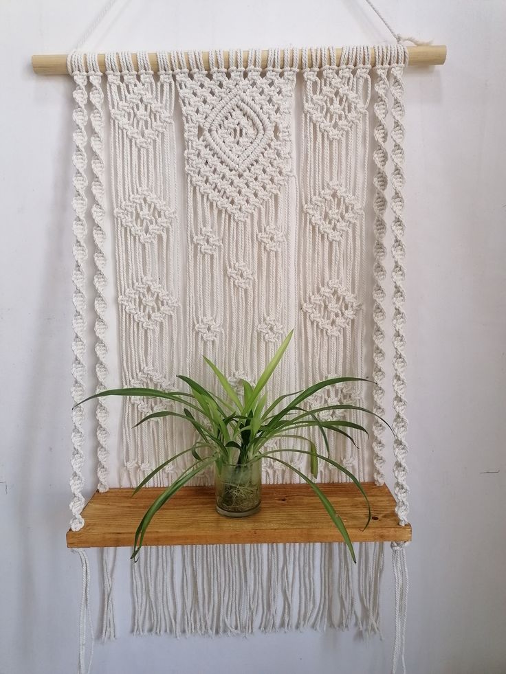 Macrame Wall Hanging Wooden Shelf Hanger | Boho Macrame Plants Hanger with Wooden Shelf | Aesthetic Home Decor | Macrame with Wooden Shelf