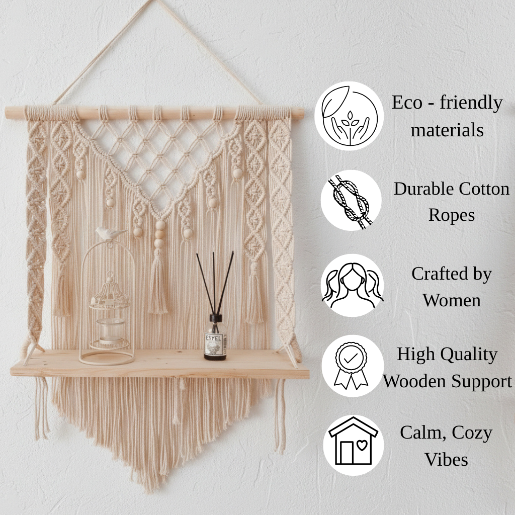 Cream Macrame Wooden Shelf Hanger | Handcrafted Macrame