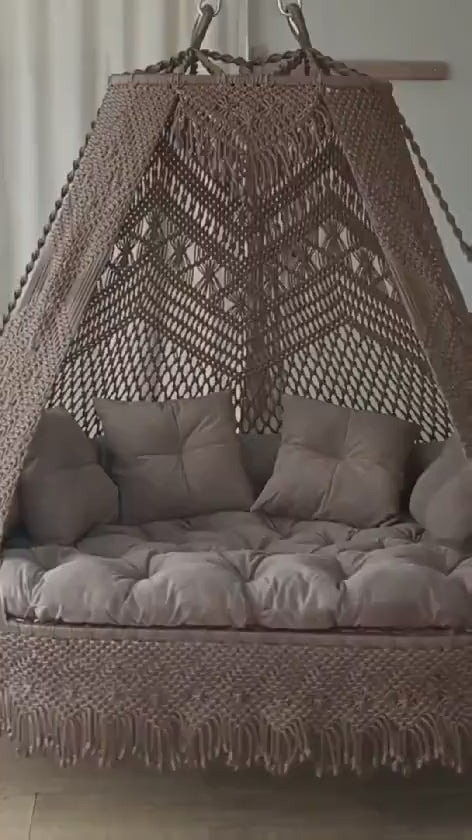 Sand Double Seater Macrame Swing with Mattress and Cushion